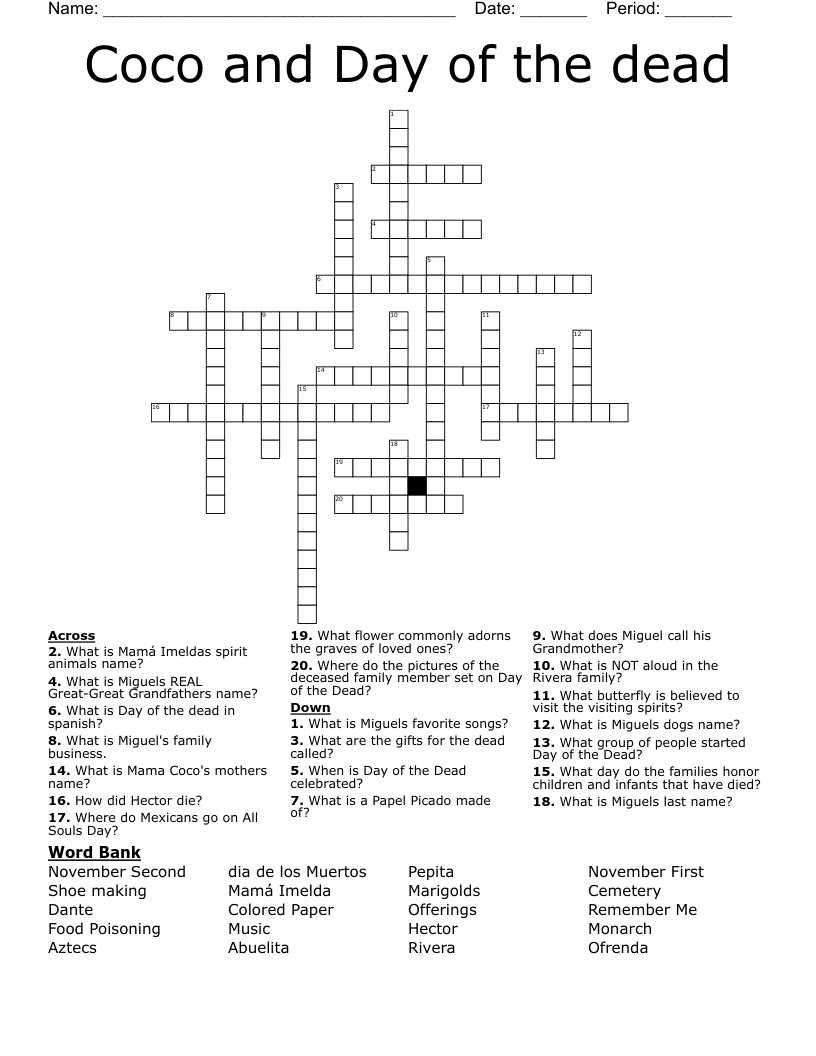 Coco and Day of the dead Crossword