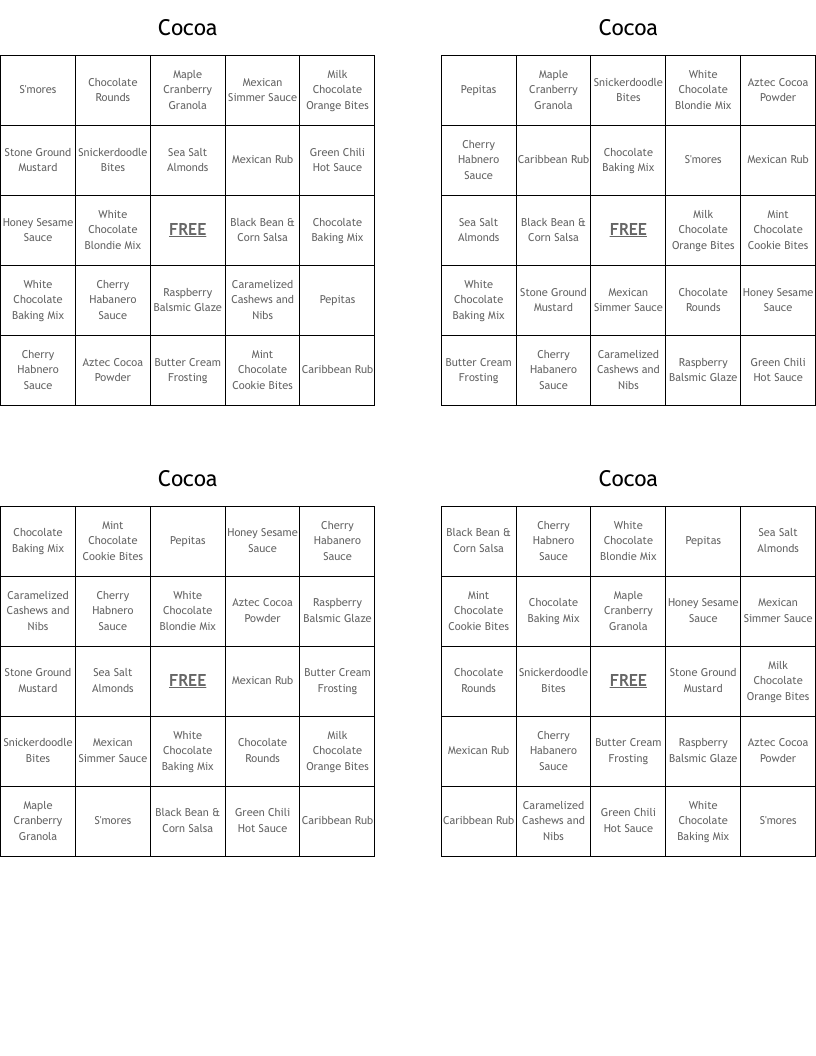Cocoa Bingo Cards
