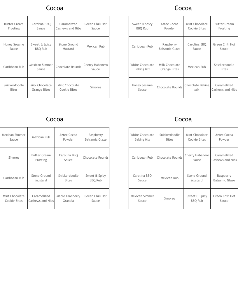 Cocoa  Bingo Cards