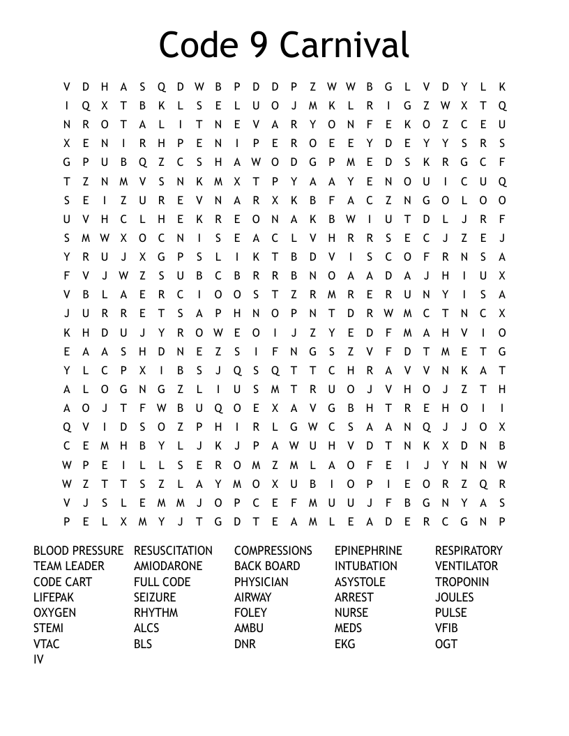 Code 9 Carnival Word Search
