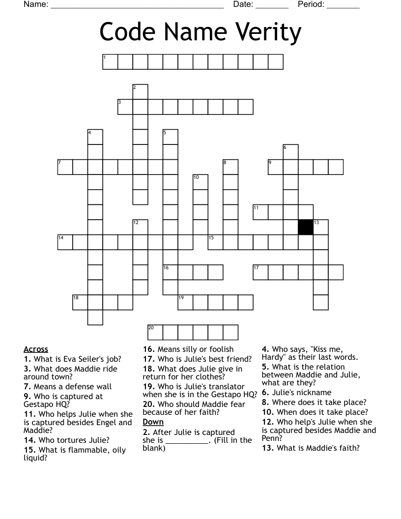 Code Name Verity Crossword
