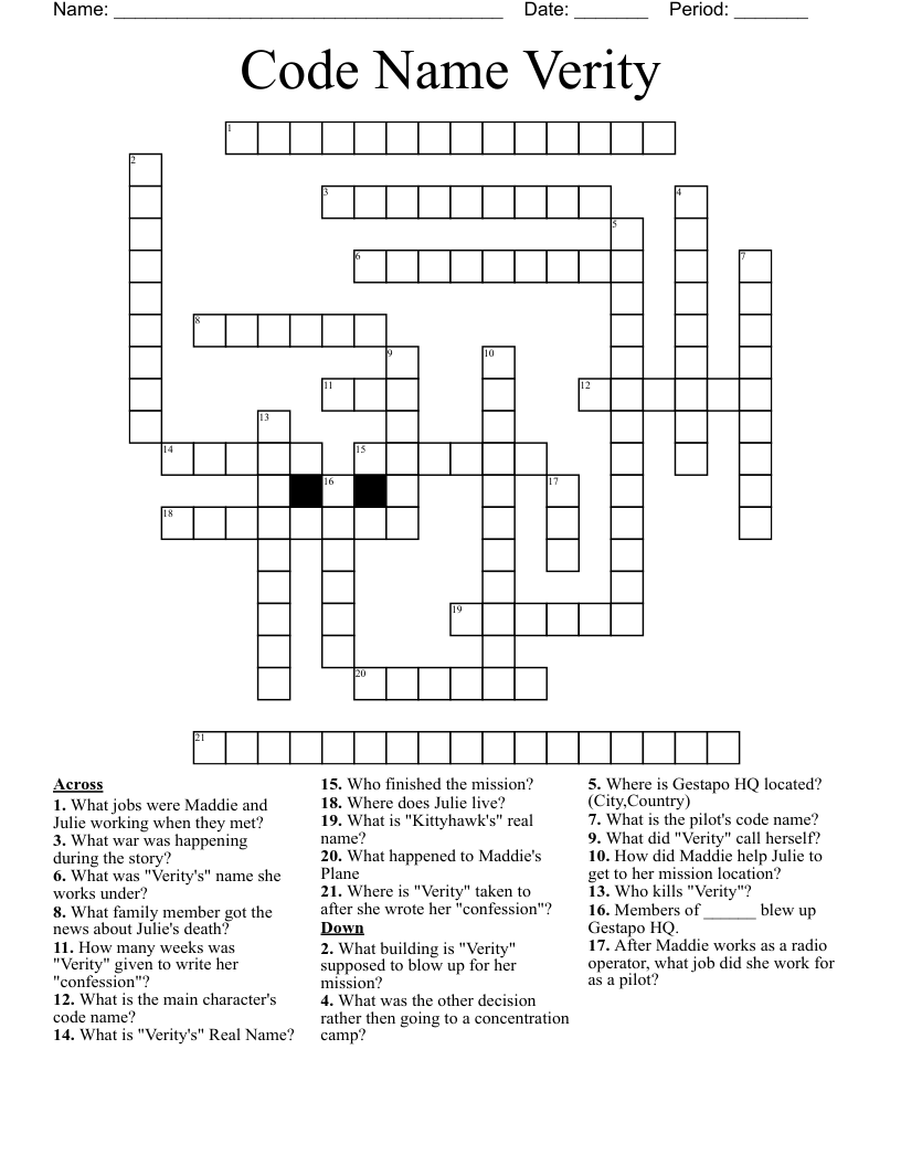 Code Name Verity Crossword