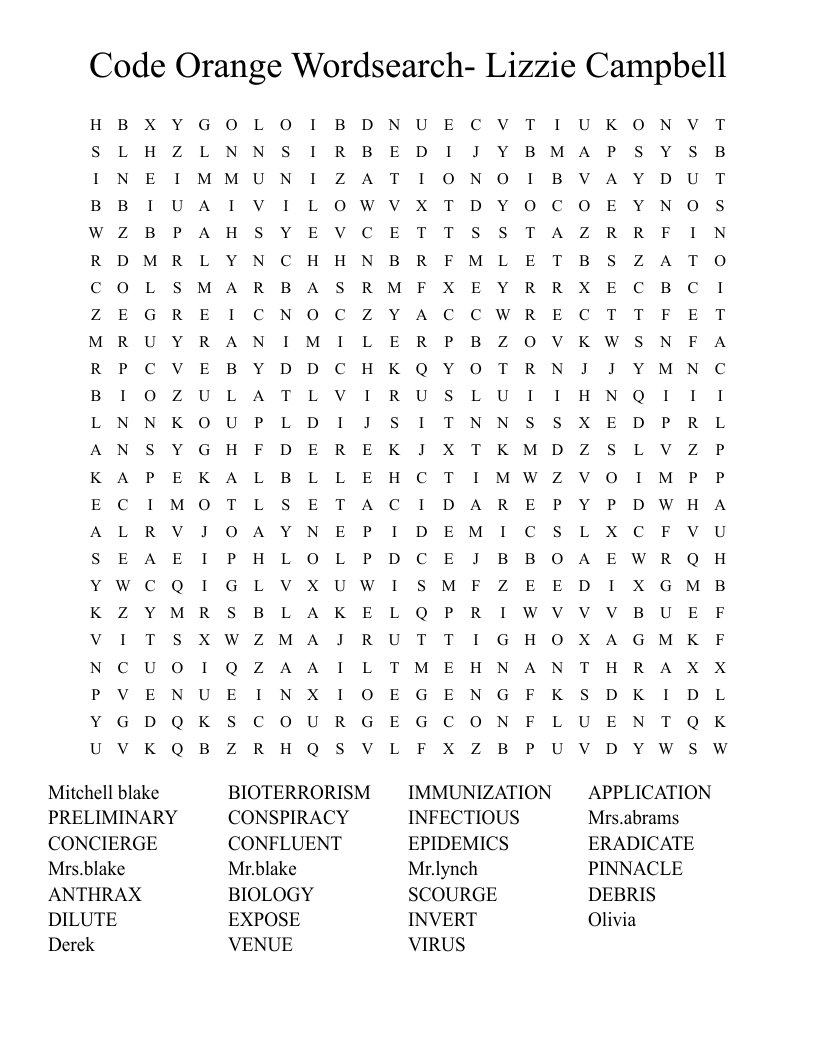 Code Orange  Wordsearch- Lizzie Campbell
