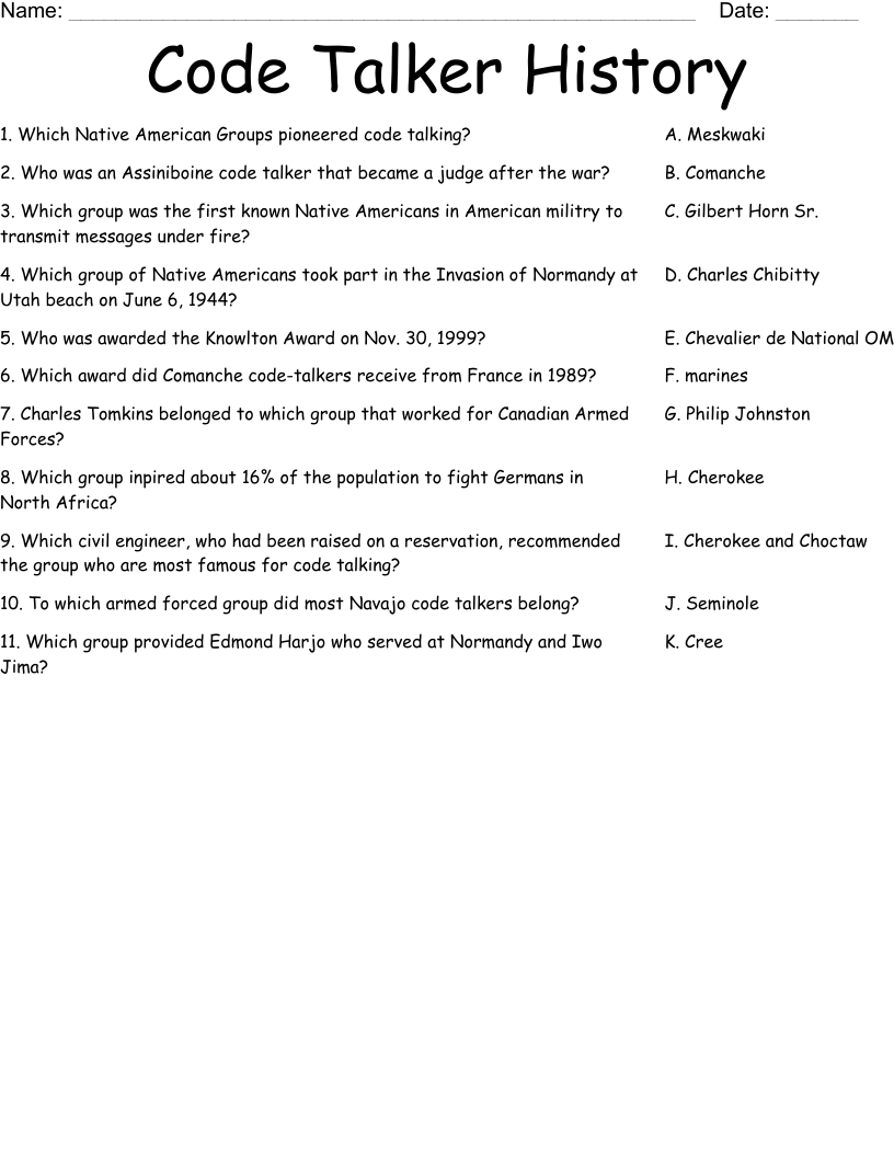Code Talker History Worksheet