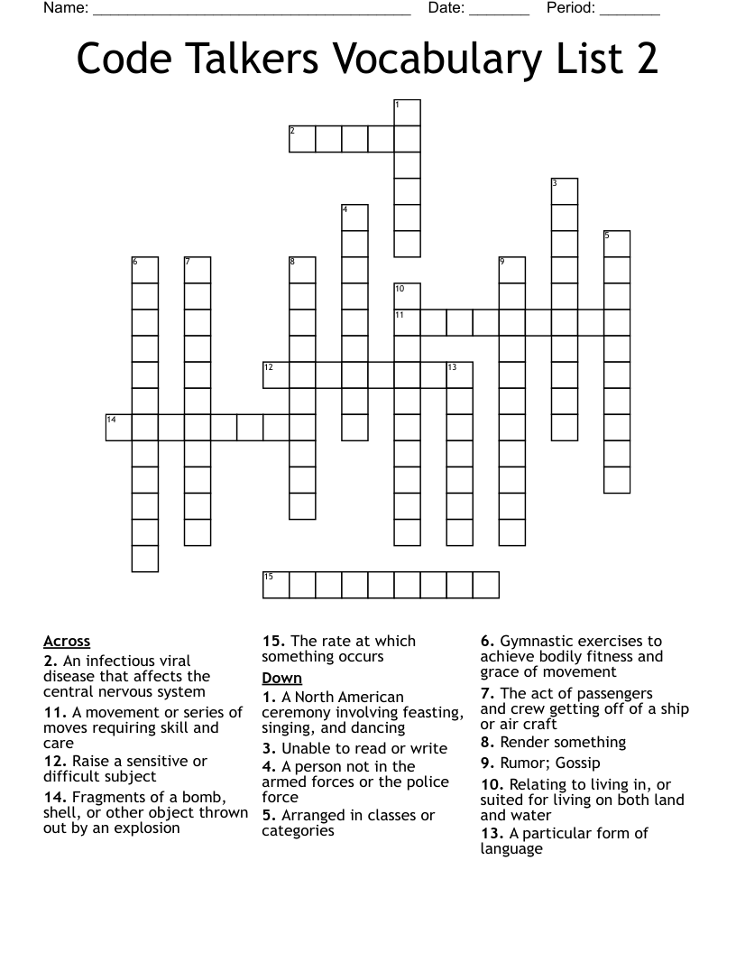 Code Talkers Vocabulary List 2 Crossword