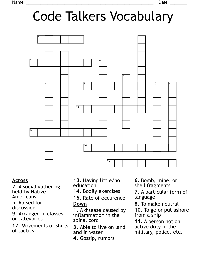 Code Talkers Vocabulary  Crossword