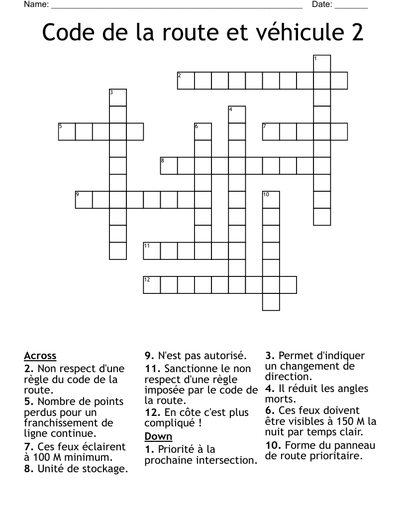 Code de la route et véhicule 2 Crossword