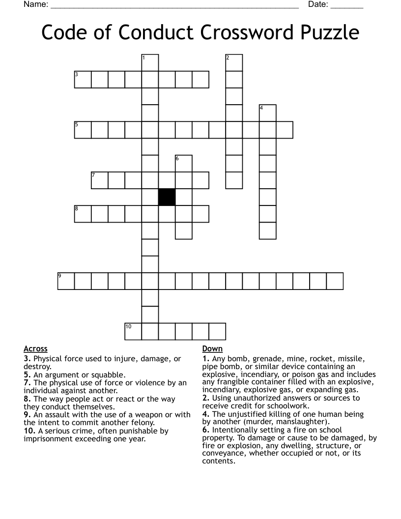 Code of Conduct Crossword Puzzle