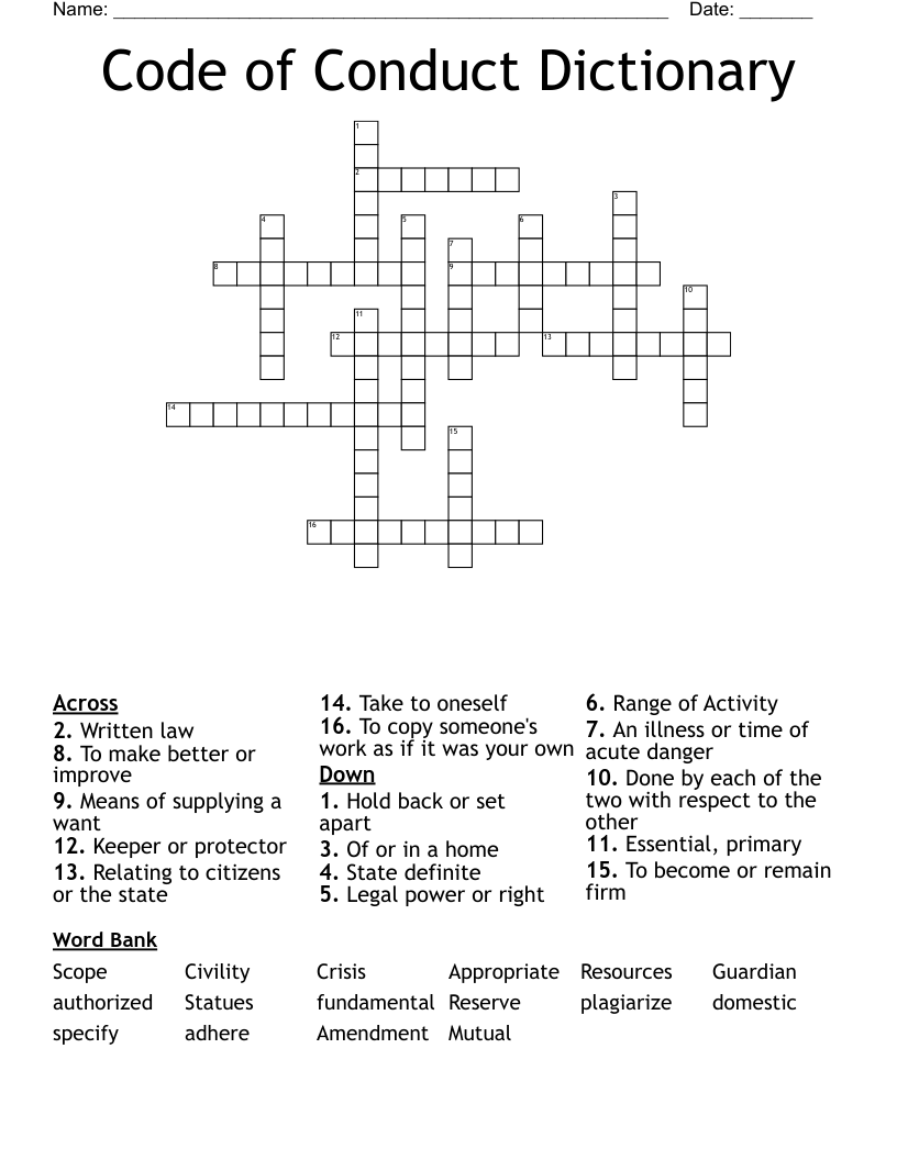 Code of Conduct Dictionary Crossword