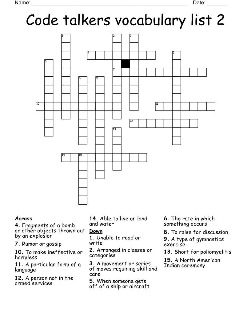 Code talkers vocabulary list 2 Crossword
