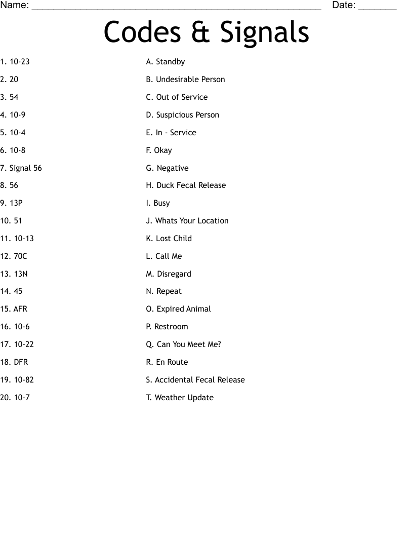 Codes & Signals  Worksheet