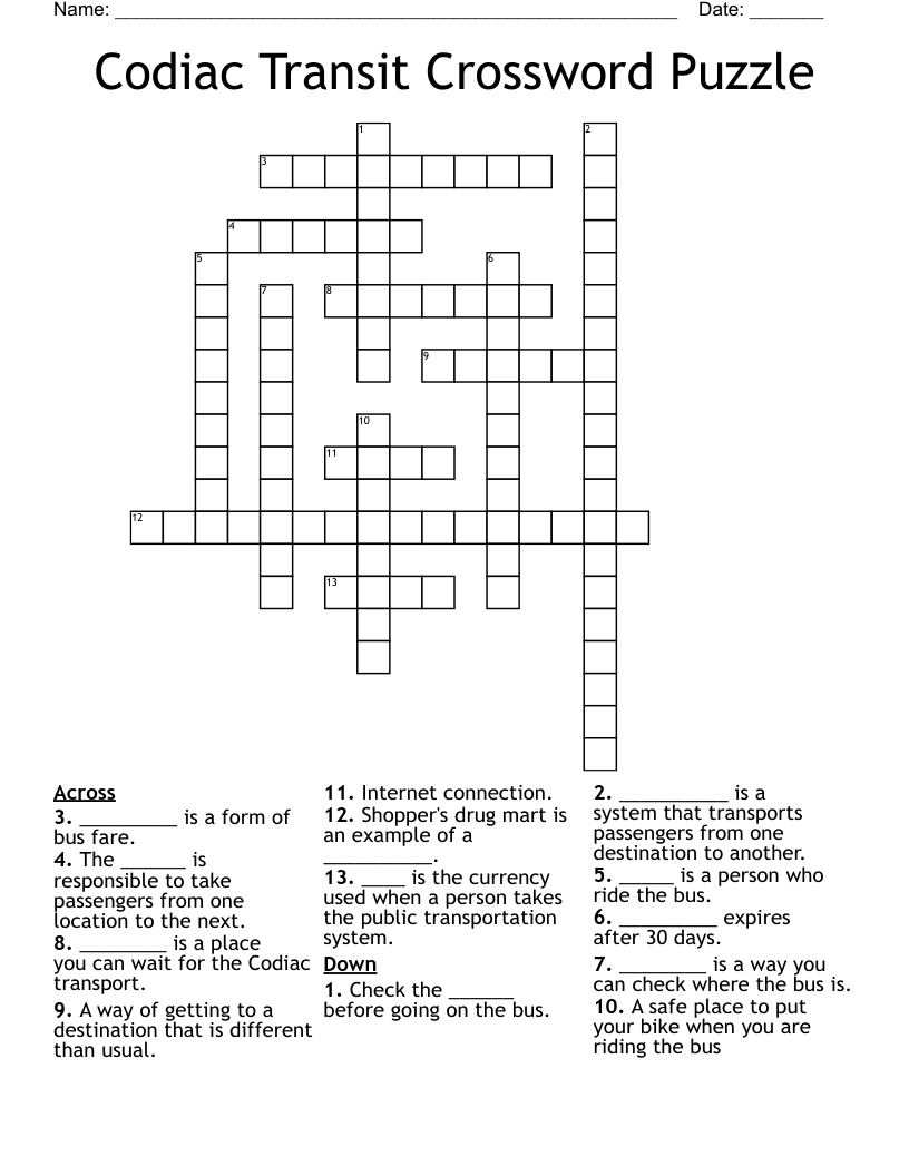Codiac Transit Crossword Puzzle