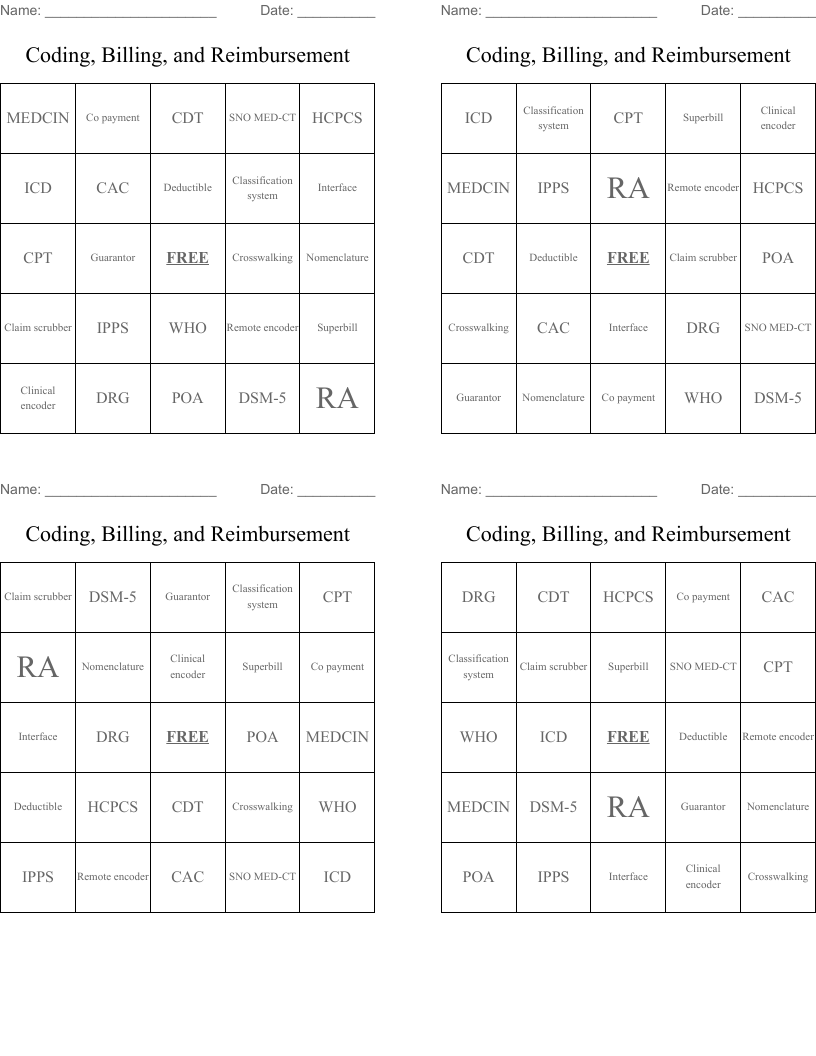 Coding, Billing, and Reimbursement Bingo Cards
