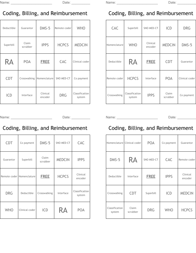 Coding, Billing, and Reimbursement Bingo Cards