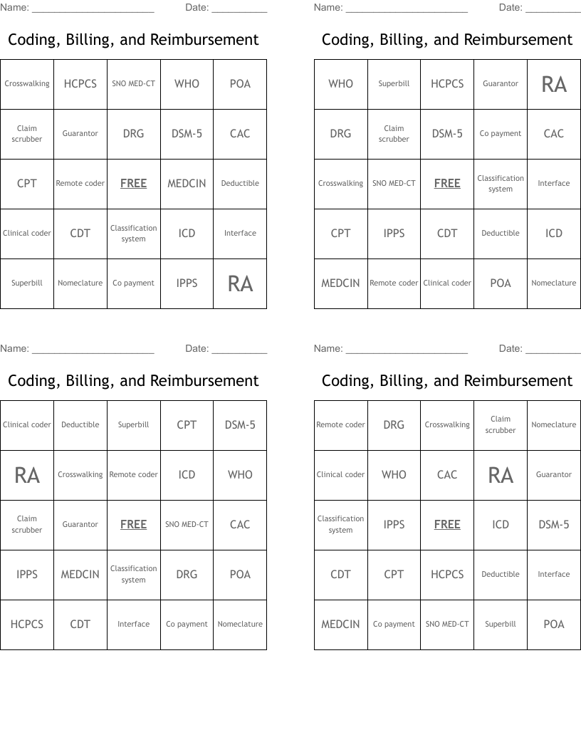 Coding, Billing, and Reimbursement Bingo Cards