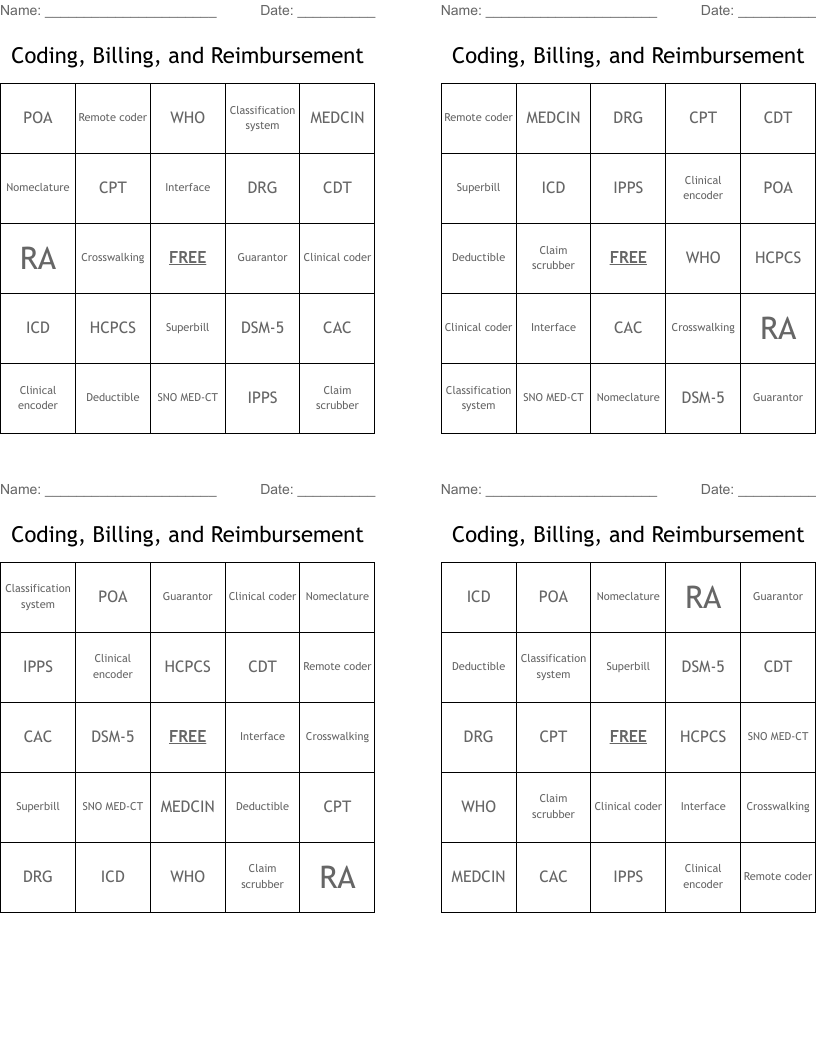 Coding, Billing, and Reimbursement Bingo Cards