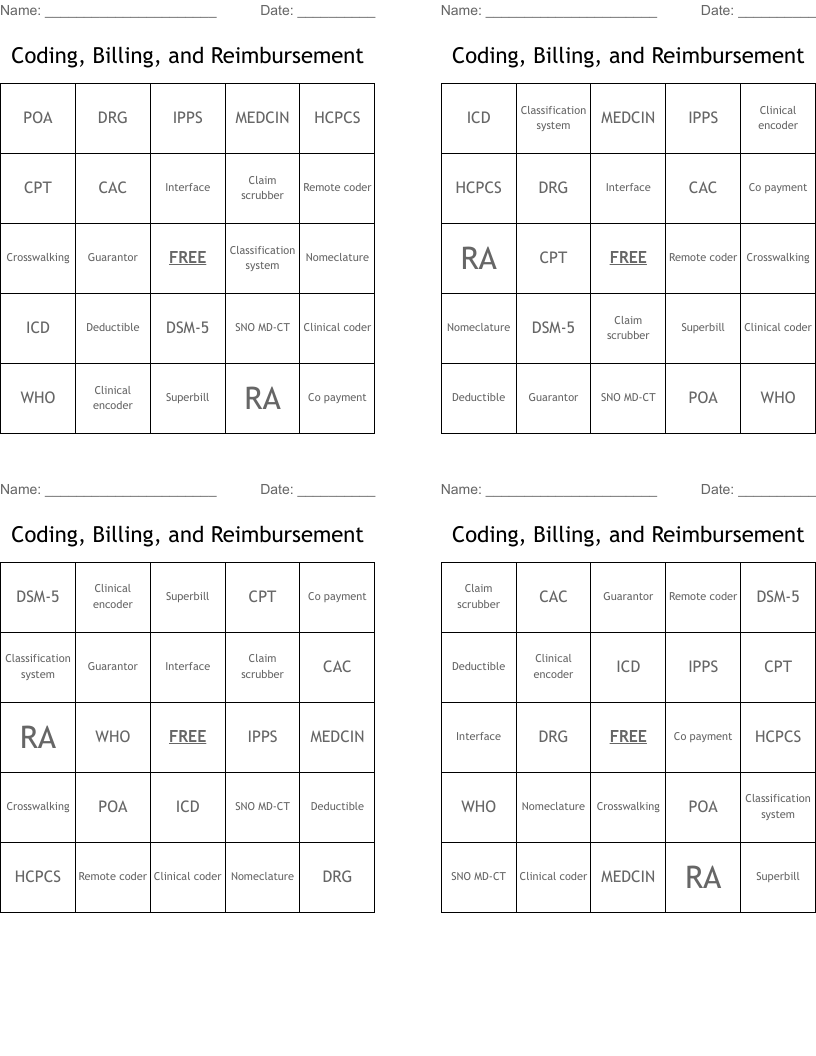 Coding, Billing, and Reimbursement Bingo Cards