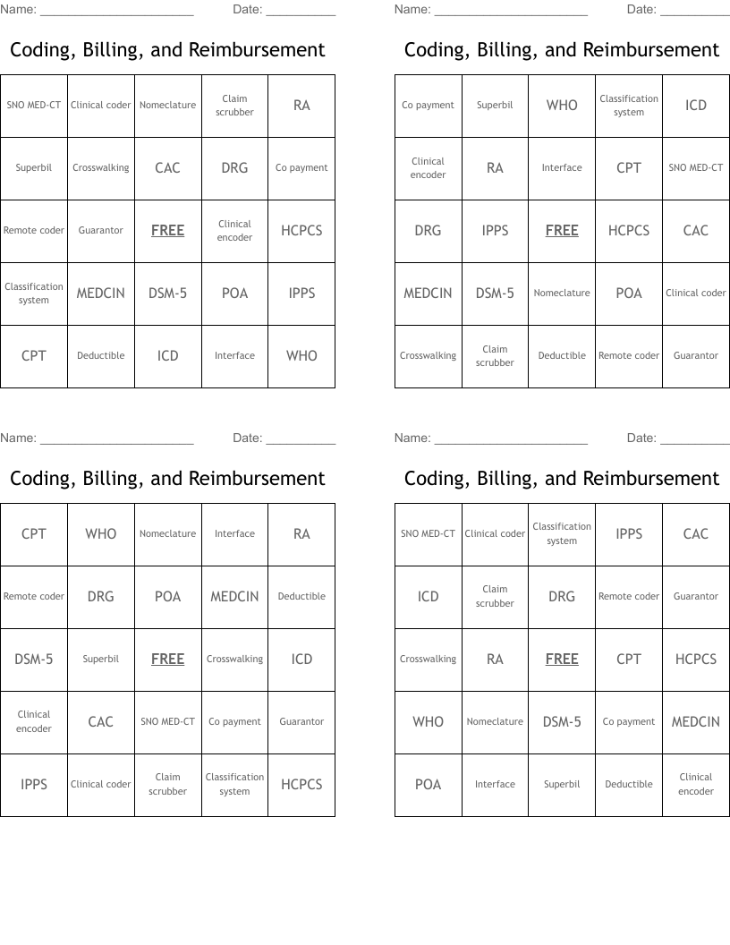Coding, Billing, and Reimbursement Bingo Cards