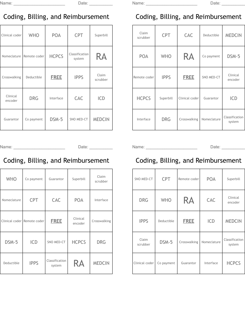 Coding, Billing, and Reimbursement Bingo Cards