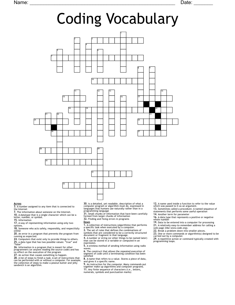 Coding Vocabulary Crossword