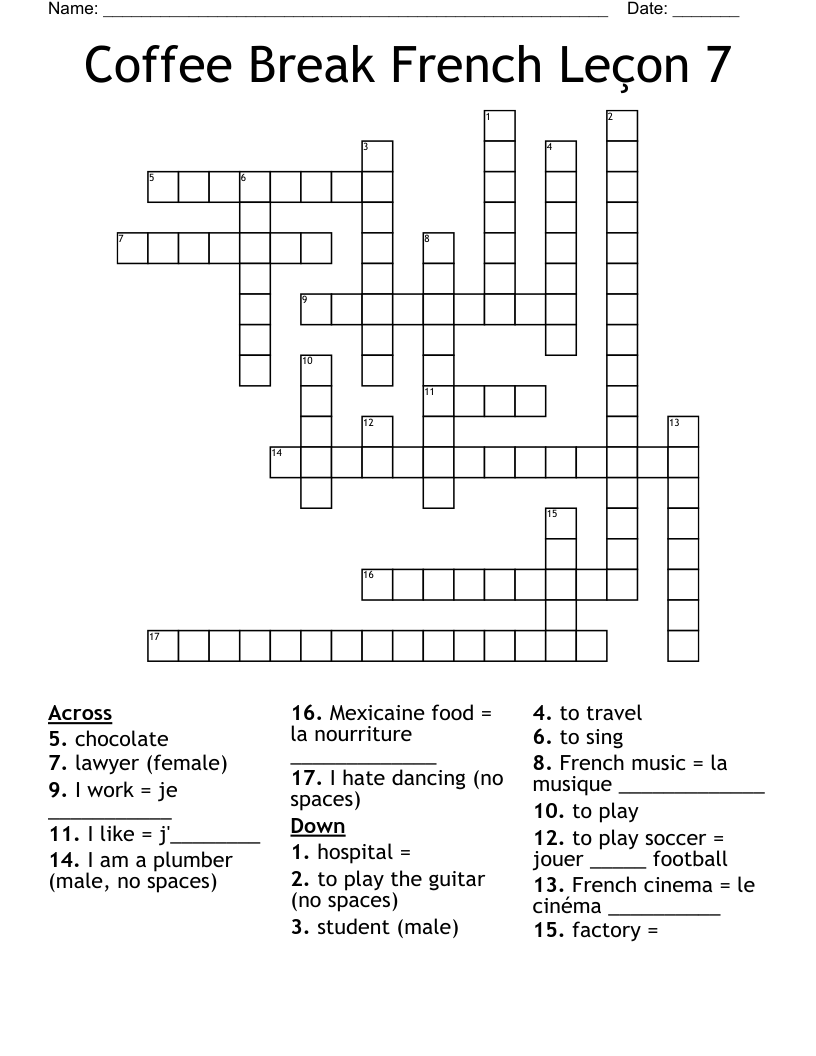 Coffee Break French Leçon 7 Crossword