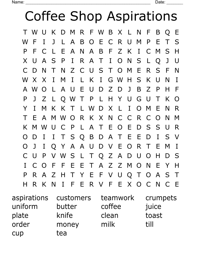 Coffee Shop Aspirations Word Search