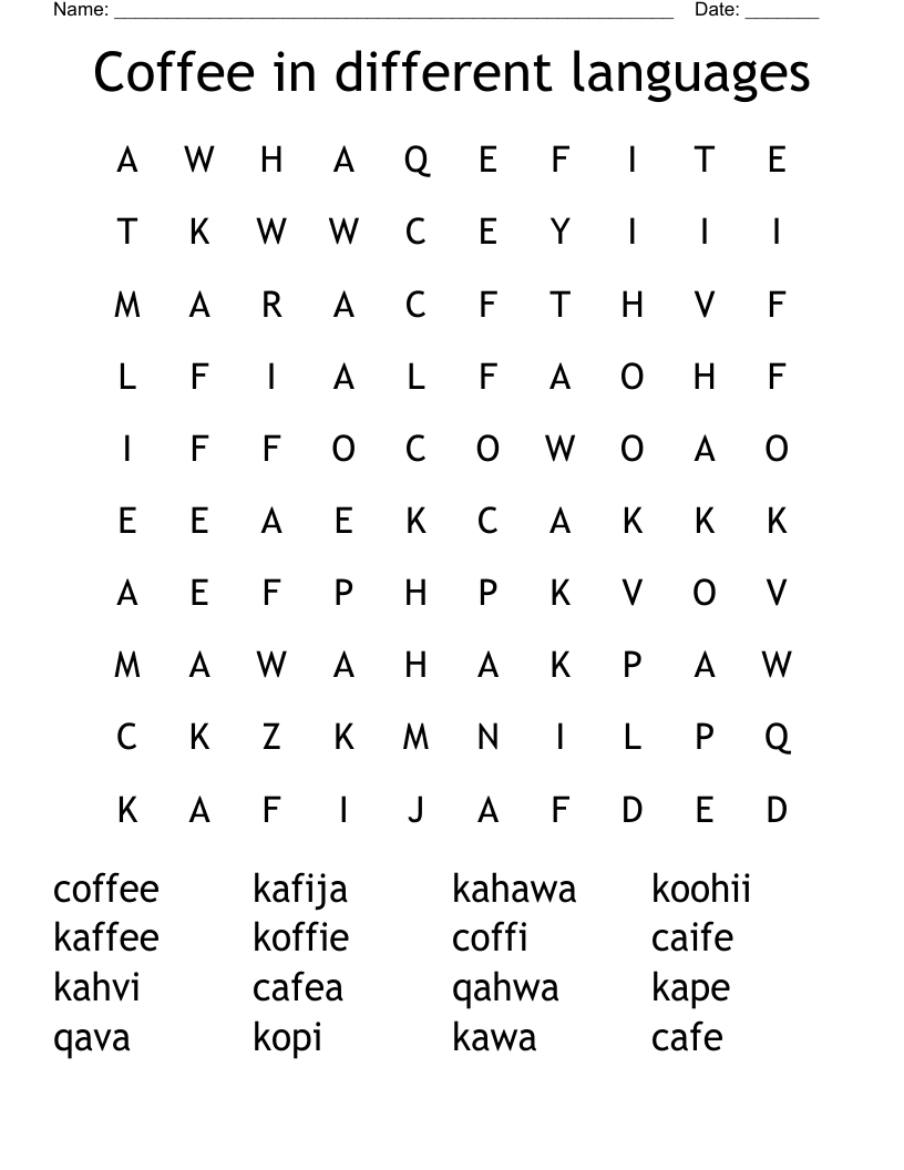 Coffee in different languages Word Search