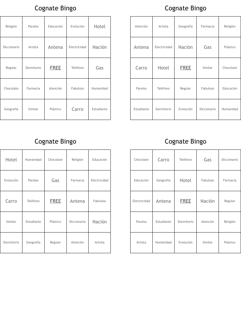 Cognate Bingo