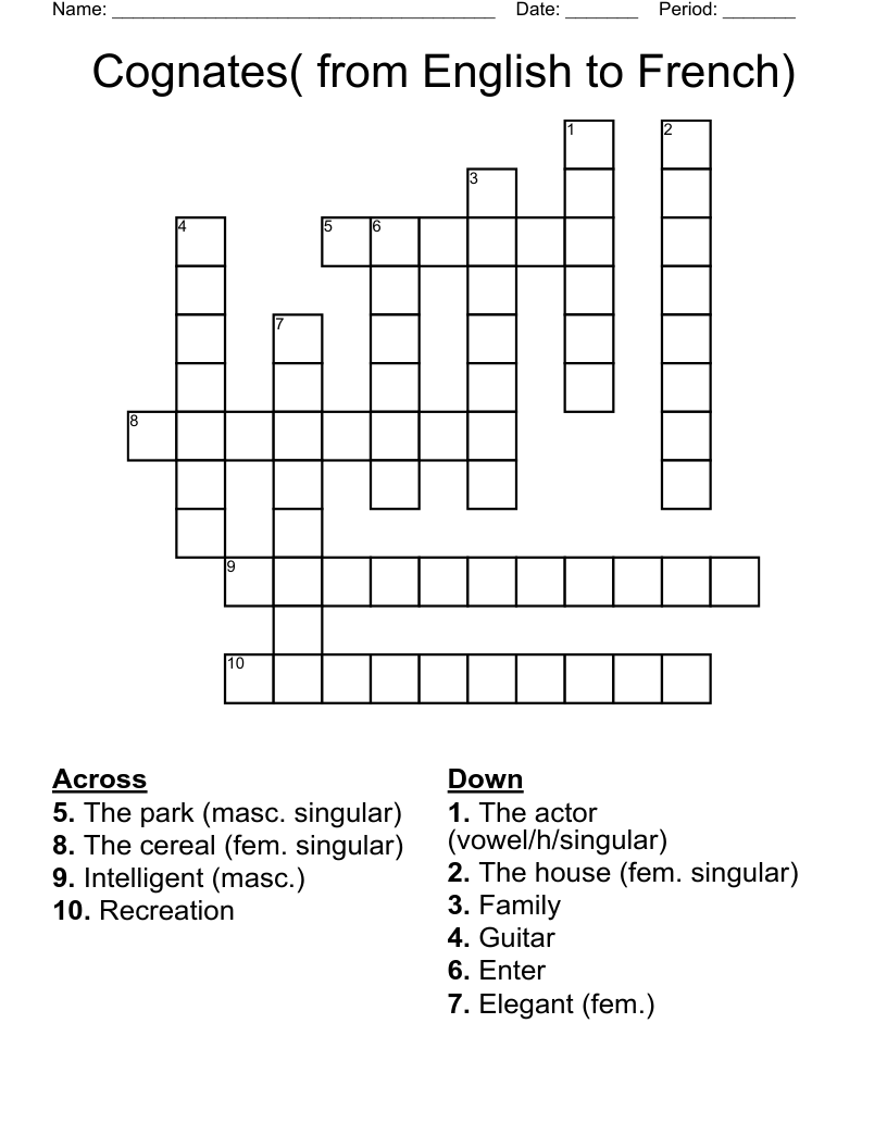 Cognates( from English to French) Crossword