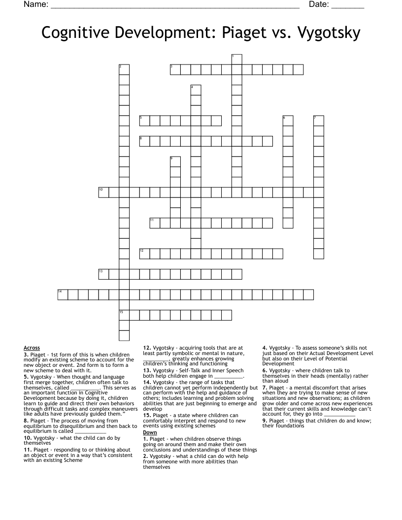Cognitive Development: Piaget vs. Vygotsky Crossword