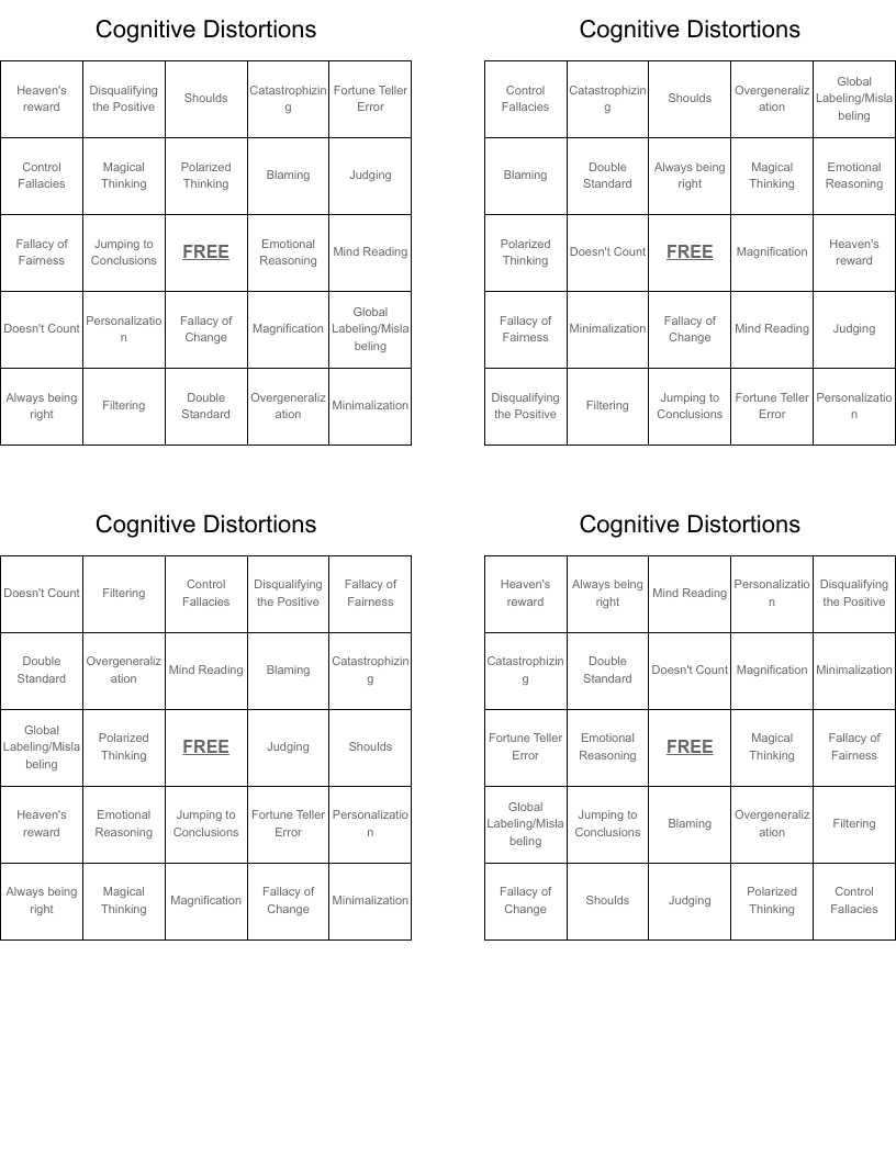 Cognitive Distortions Bingo Cards
