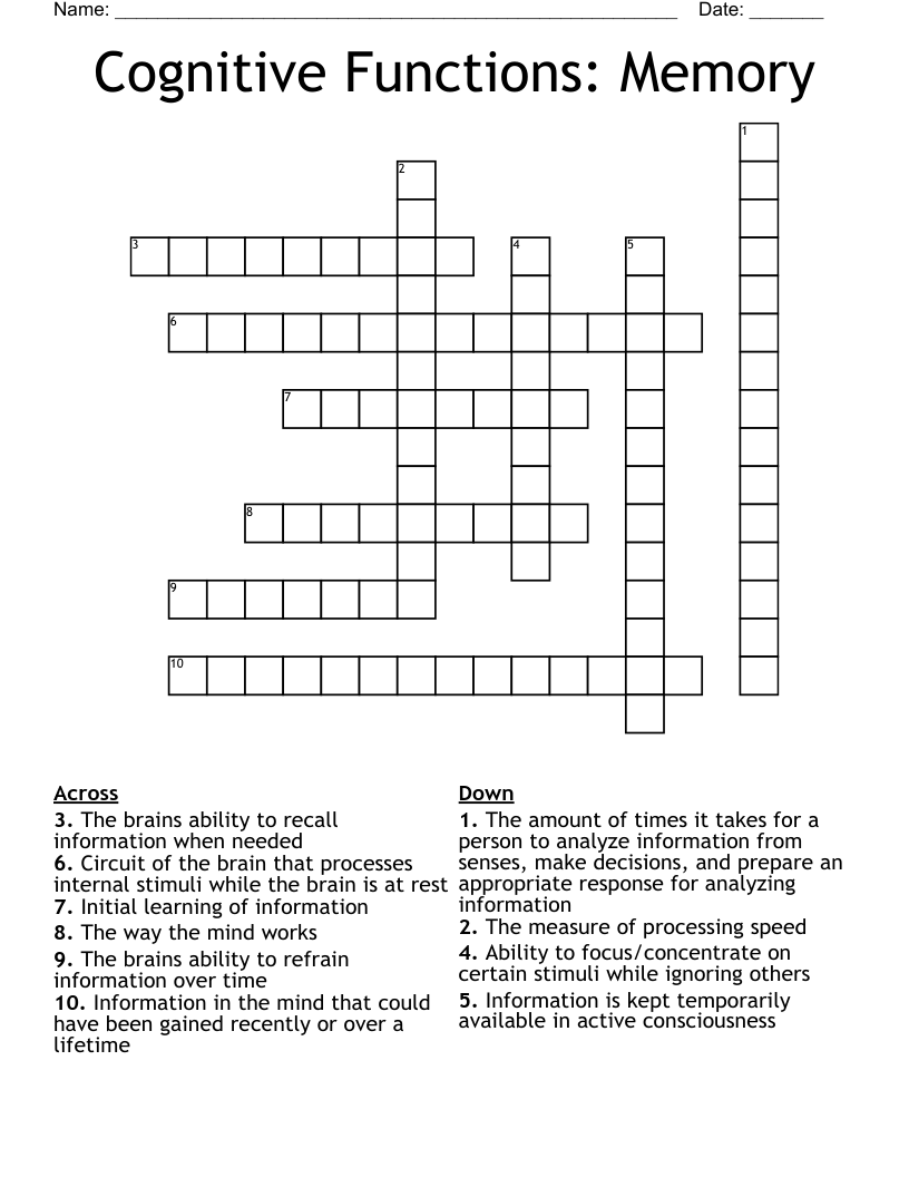 Cognitive Functions: Memory Crossword