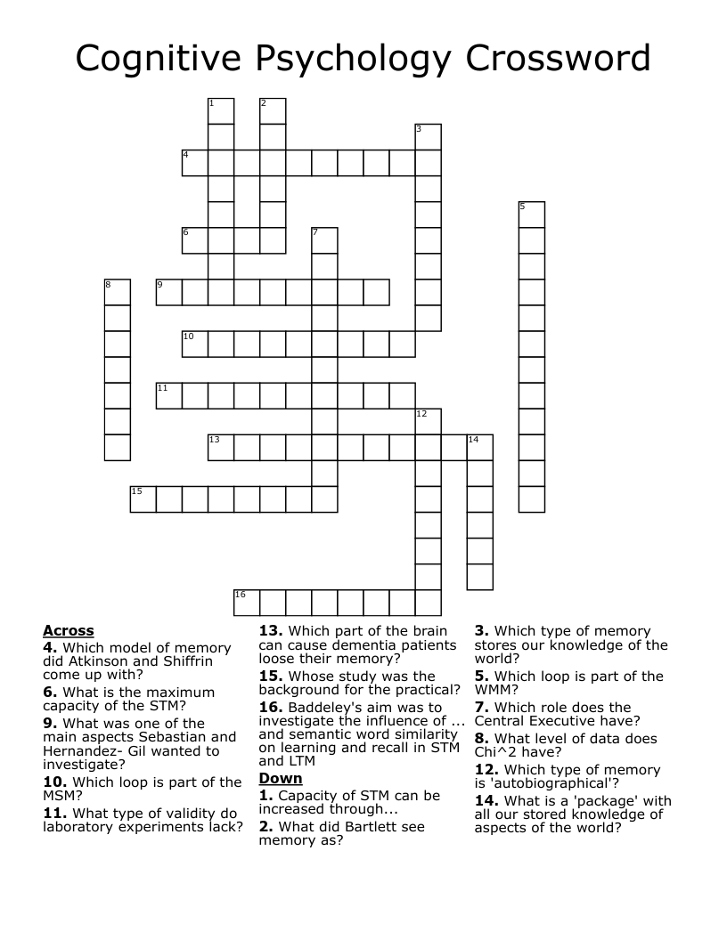 Cognitive Psychology Crossword