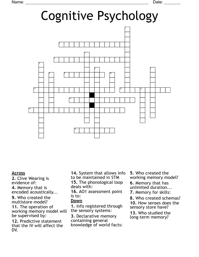Cognitive Psychology  Crossword