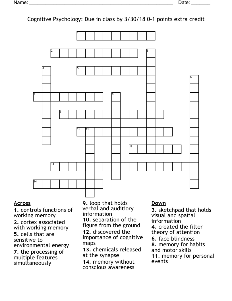 Cognitive Psychology:  Due in class by 3/30/18   0-1 points extra credit  Crossword
