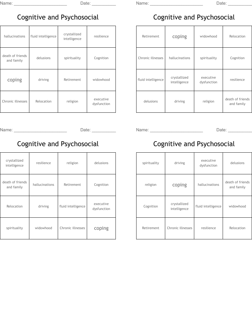 Cognitive and Psychosocial  Bingo Cards