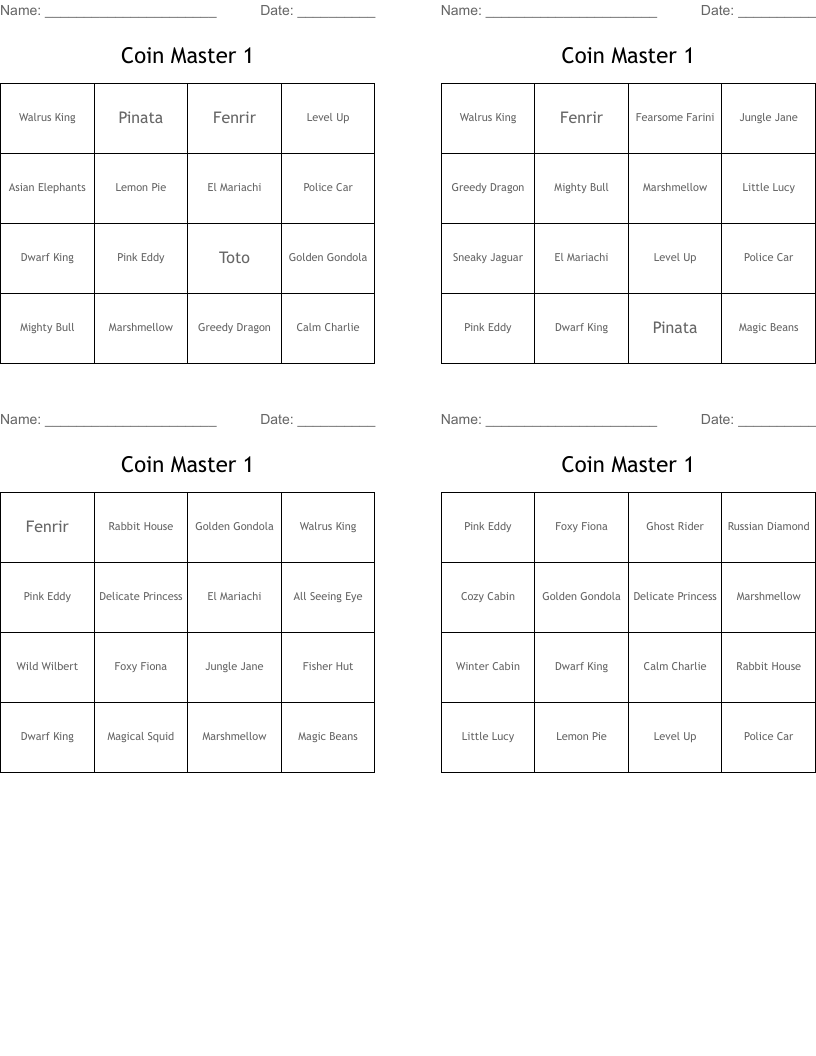 Coin Master 1 Bingo Cards