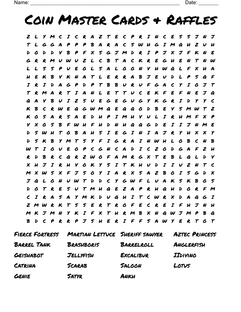 Coin Master Cards & Raffles Word Search