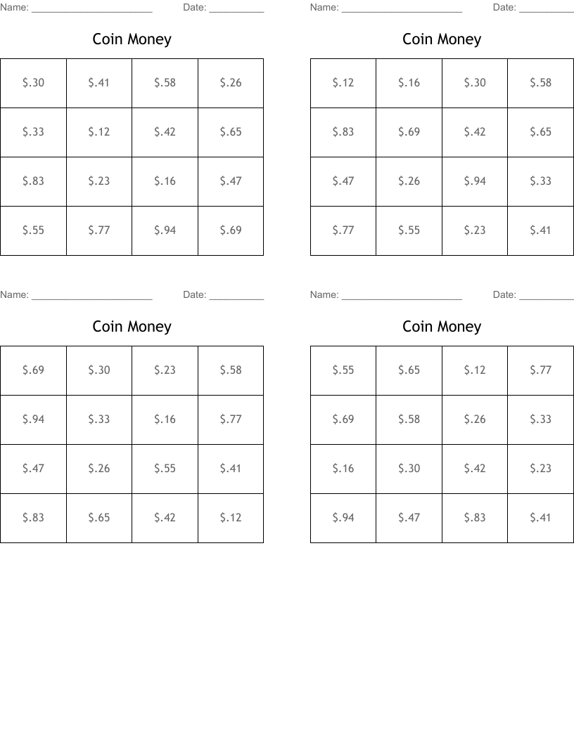 Coin Money Bingo Cards