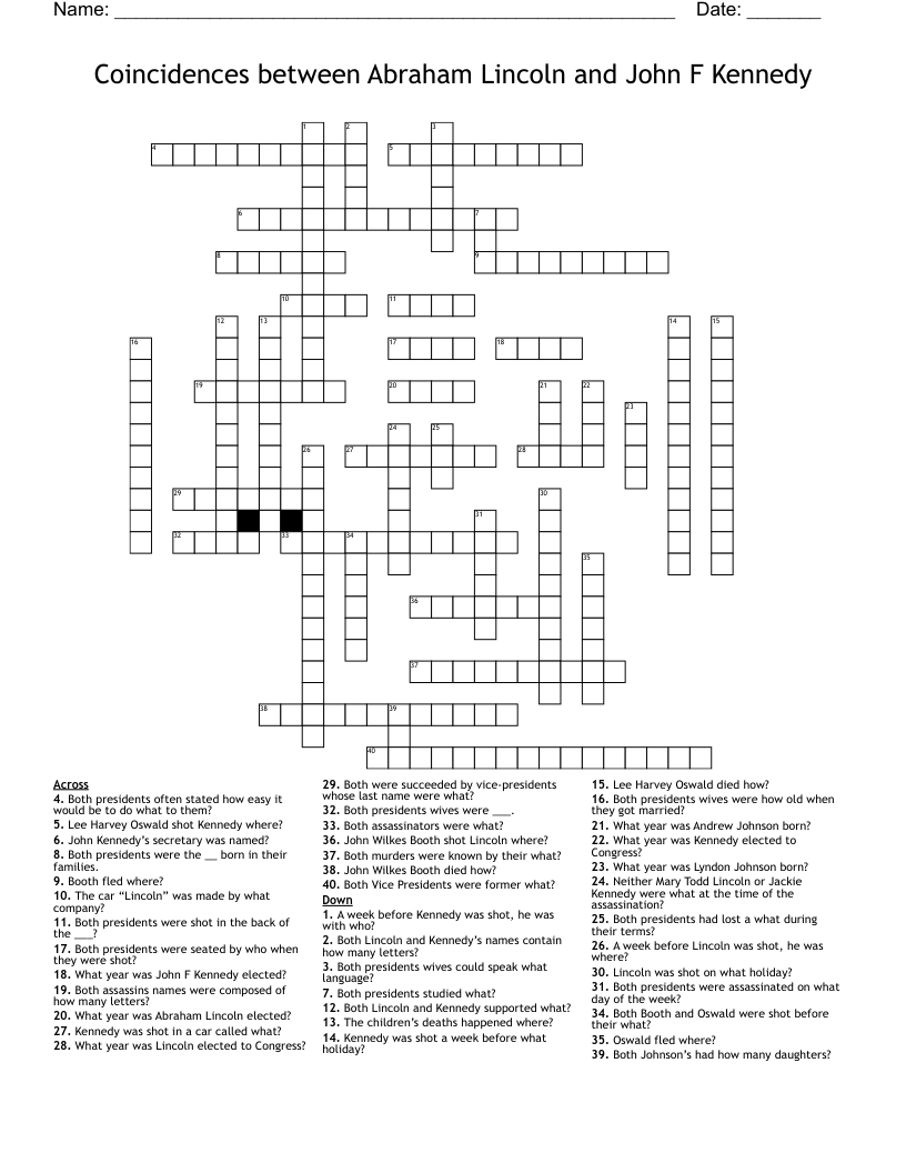 Coincidences between Abraham Lincoln and John F Kennedy Crossword