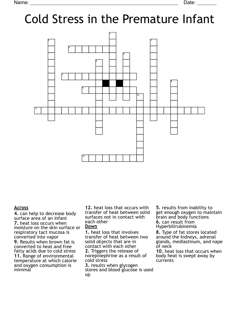 Cold Stress in the Premature Infant Crossword