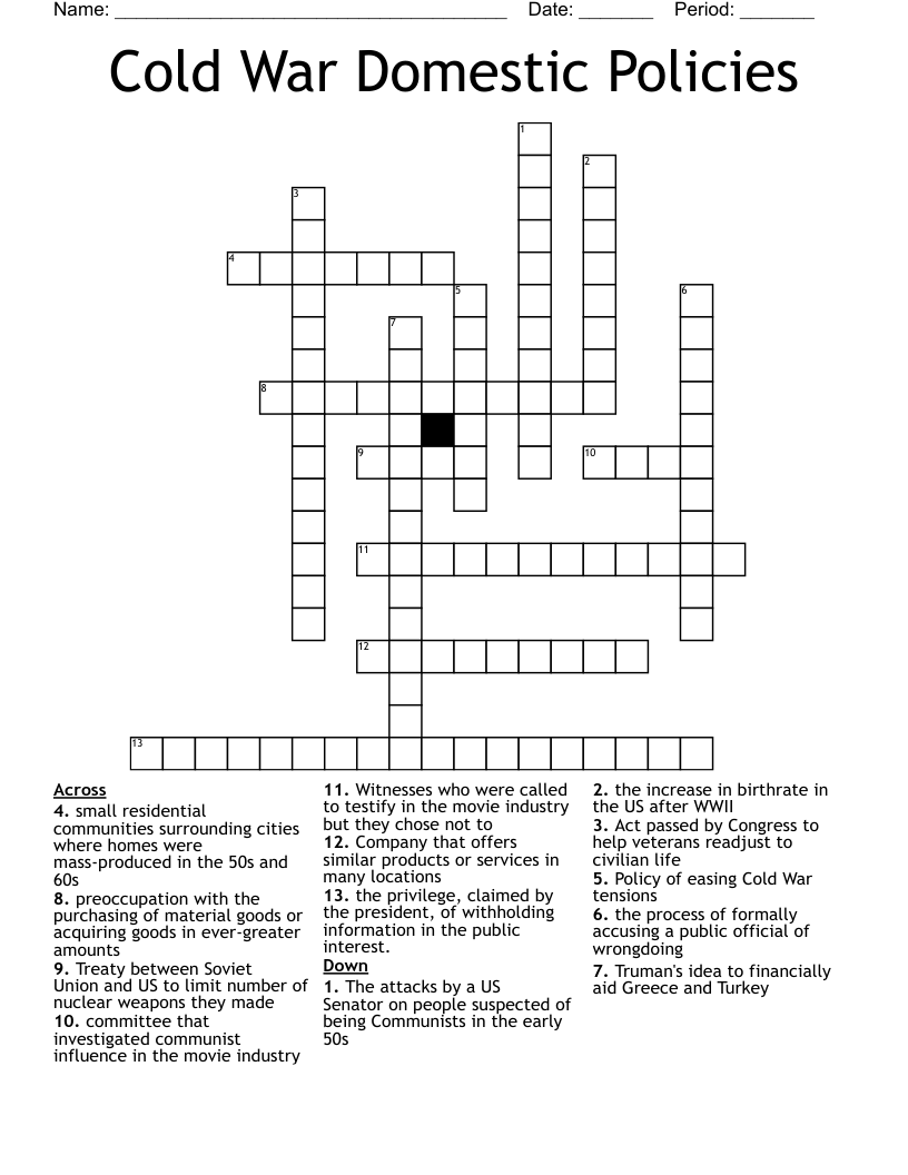 Cold War Domestic Policies Crossword