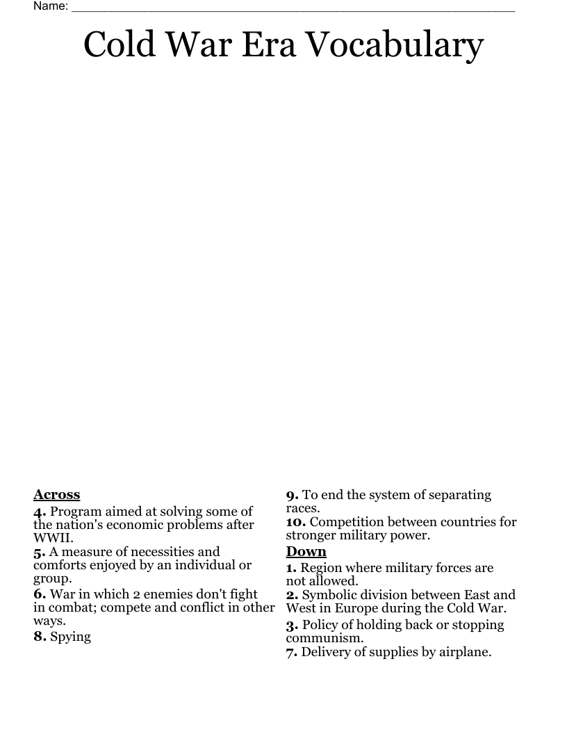 Cold War Era Vocabulary Crossword