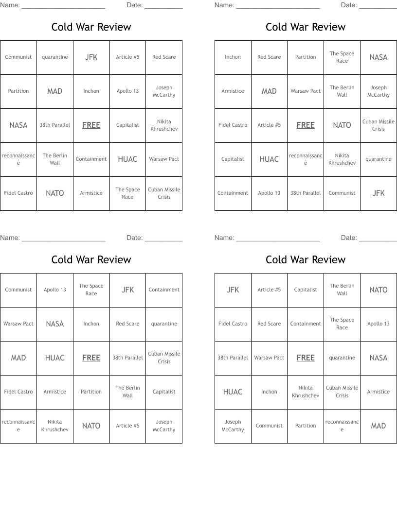 Cold War Review Bingo Cards