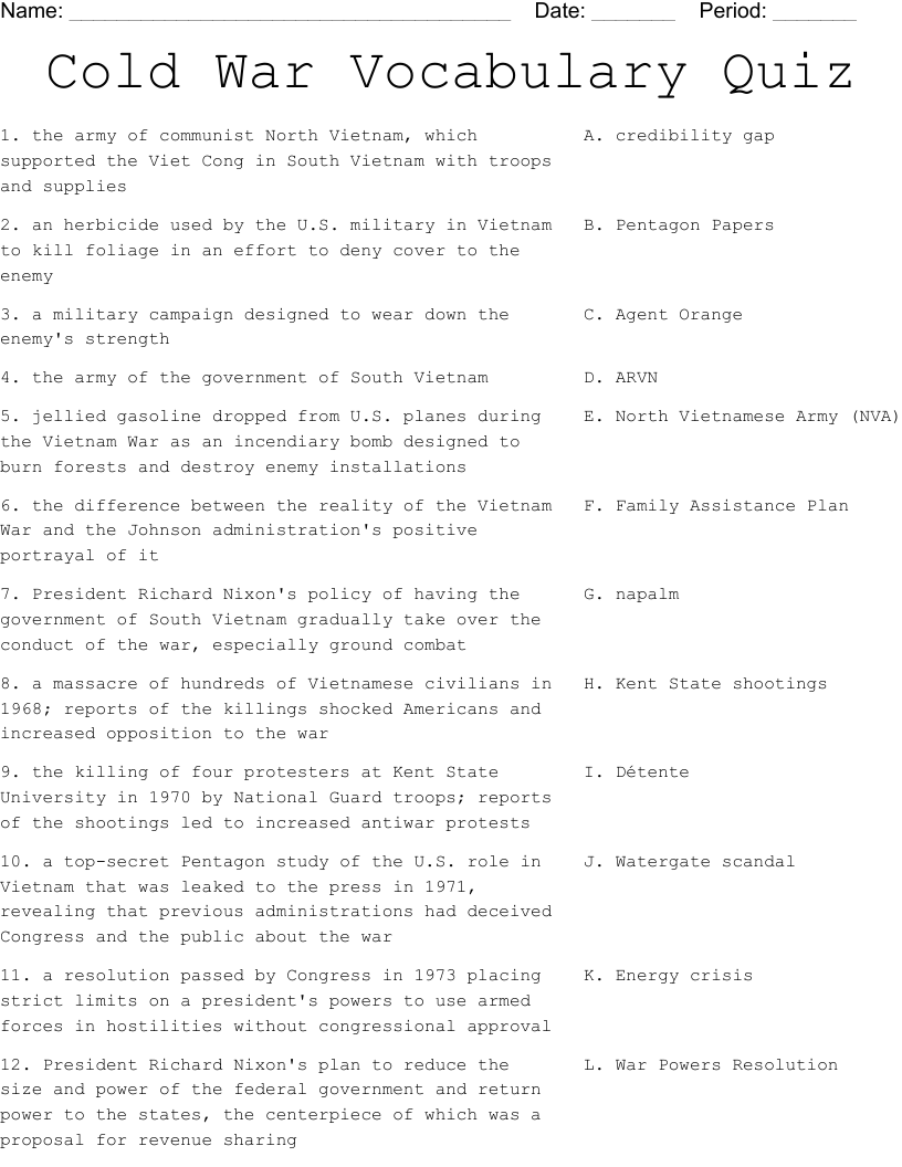 Cold War Vocabulary Quiz Worksheet