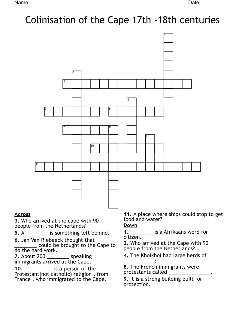 Colinisation of the Cape 17th -18th centuries Crossword
