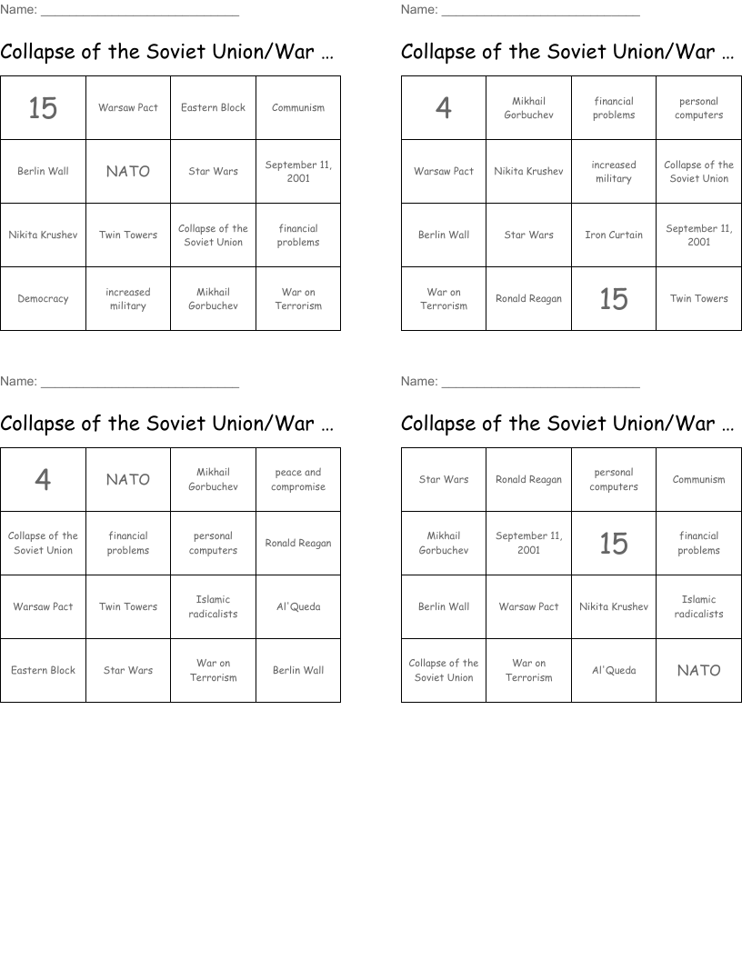 Collapse of the Soviet Union/War on Terrorism Bingo Cards