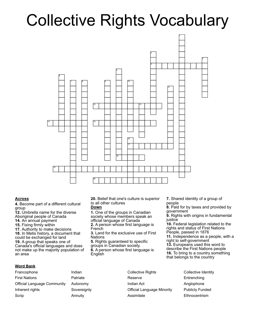 Collective Rights Vocabulary Crossword