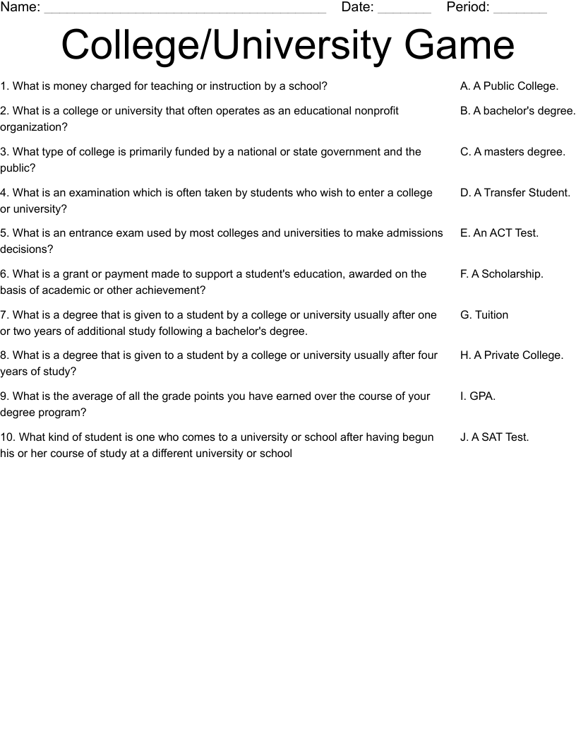 College/University Game Worksheet