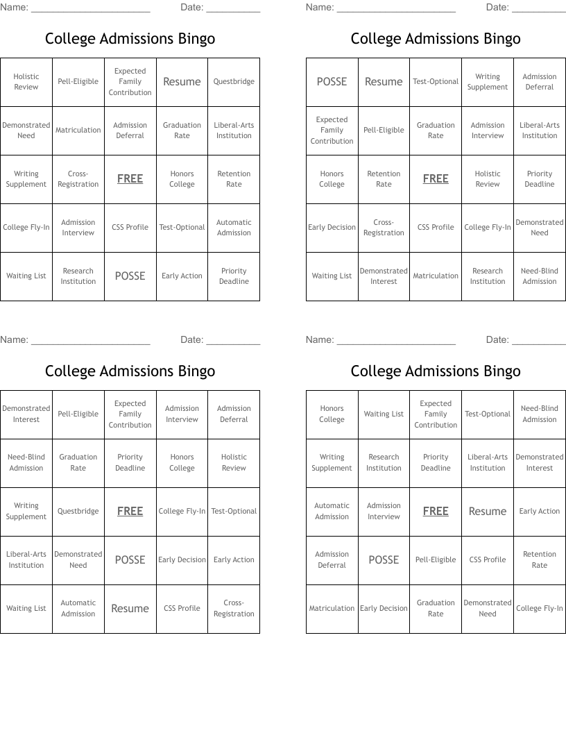 College Admissions Bingo